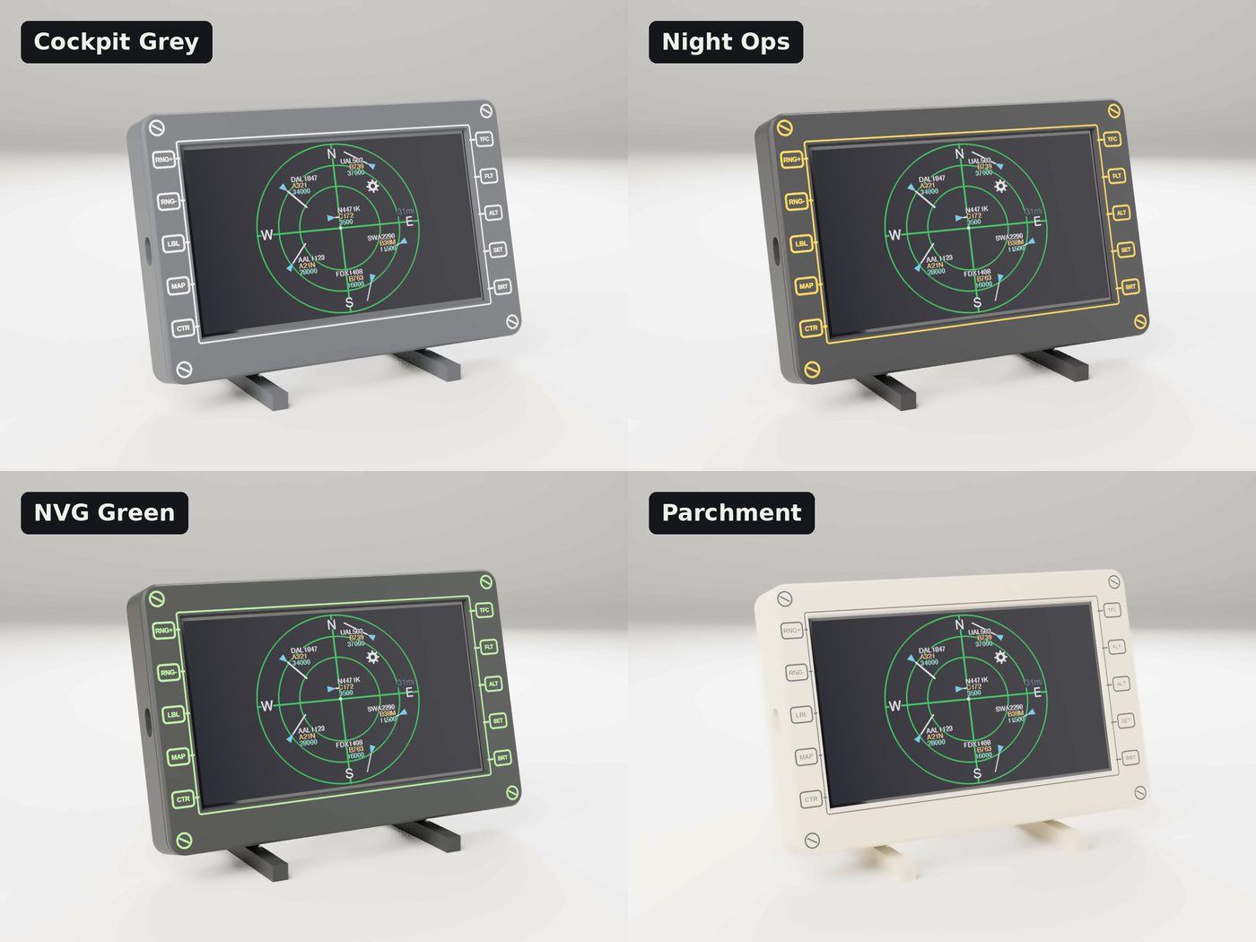 The MFD-7 in four colorways: Cockpit Grey, Night Ops, NVG Green and Parchment