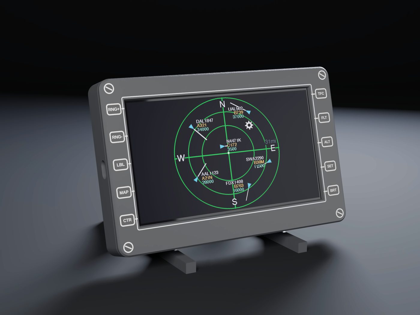 MFD-7 plane radar display on its desk stand, showing a radar screen