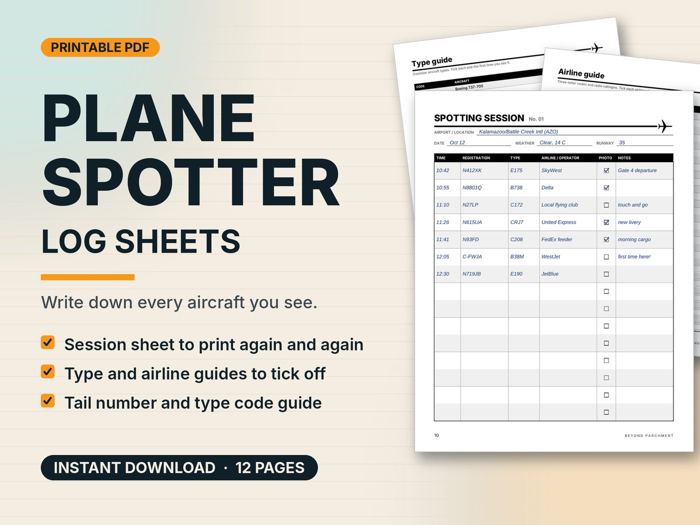 Plane Spotter Log printable pages: a spotting session sheet, a type guide and an airline guide